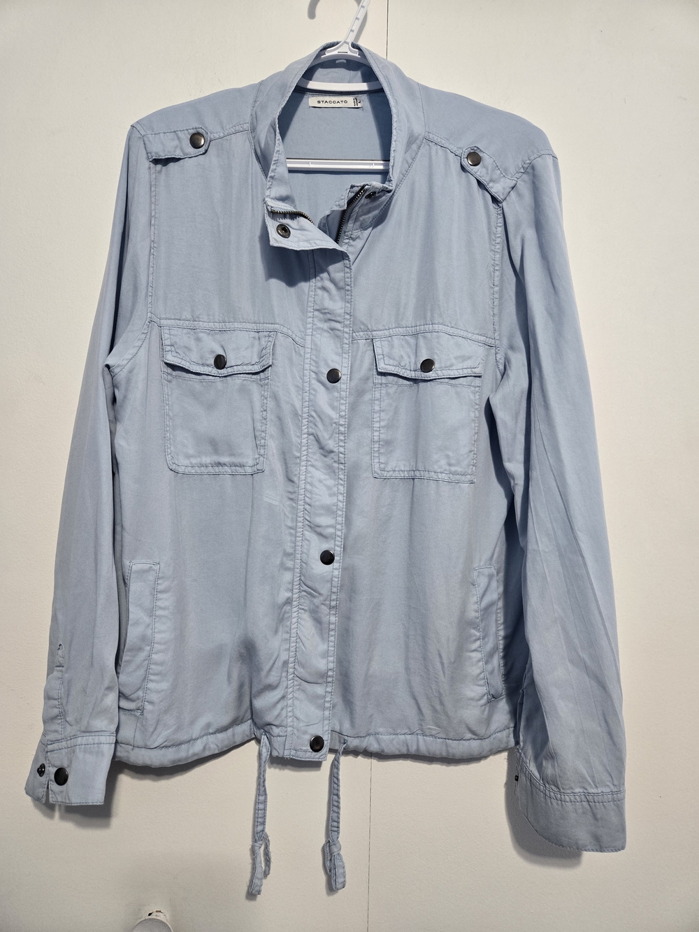Staccato Tencel Utility Jacket Light Blue Snap Zip Drawstring Waist Size L
